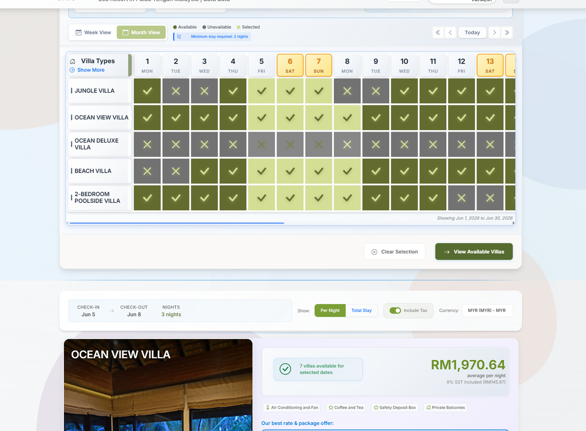 WinX web booking engine with villa availability calendar and rate display