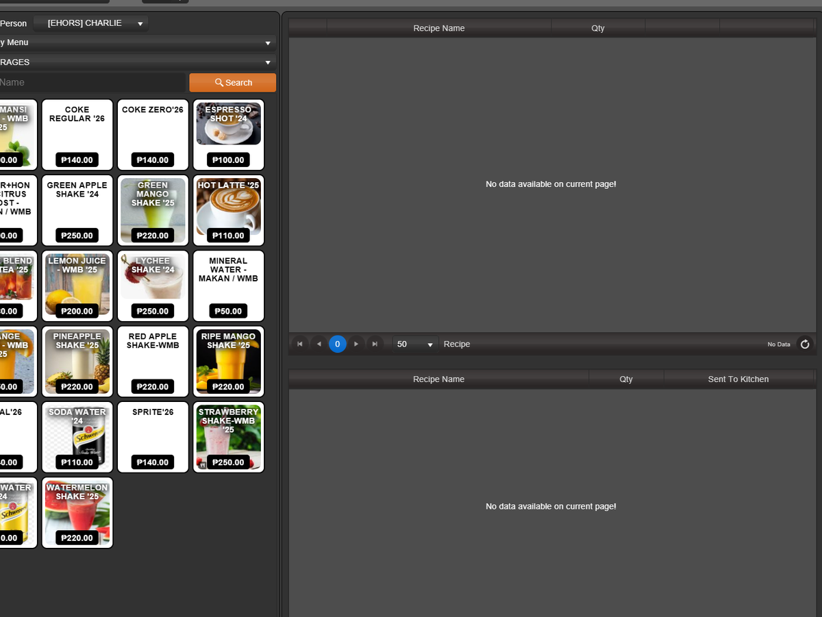 WinX restaurant POS menu grid with live order panel